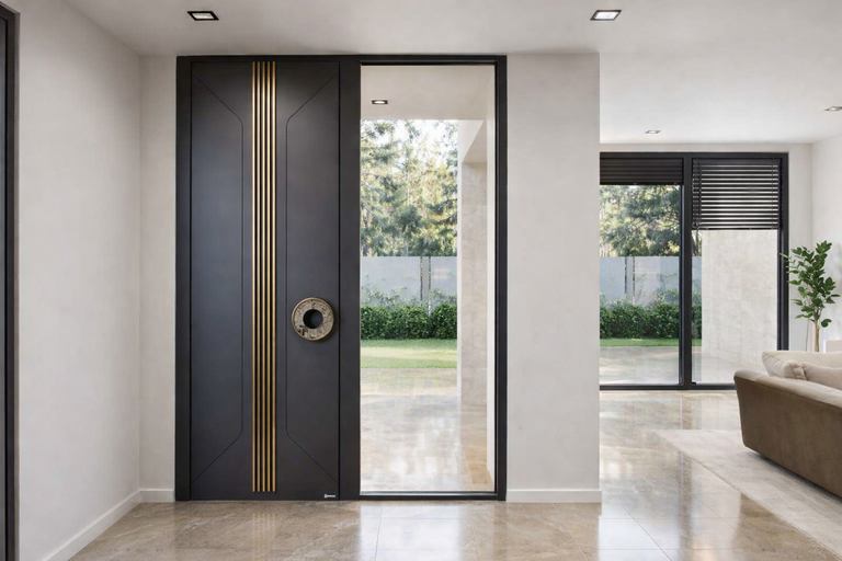 Black aluminium front door with brass detailing and glazed side panel in a modern open-plan home.