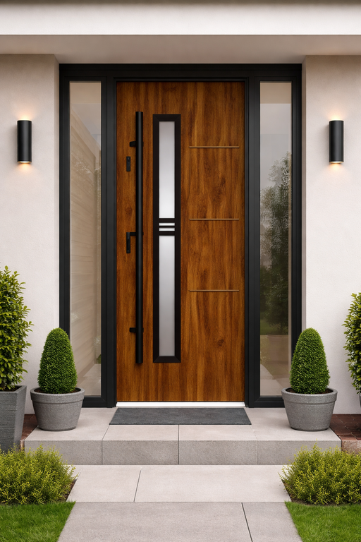 Contemporary hybrid steel front door with a warm timber-effect finish, featuring a vertical glazed panel, black hardware and full-height glazed side screens.