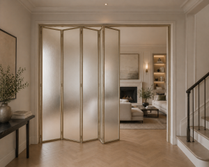 A gold framed bifolding steel internal glass door with frosted glass to create a divider between a hallway and living room.